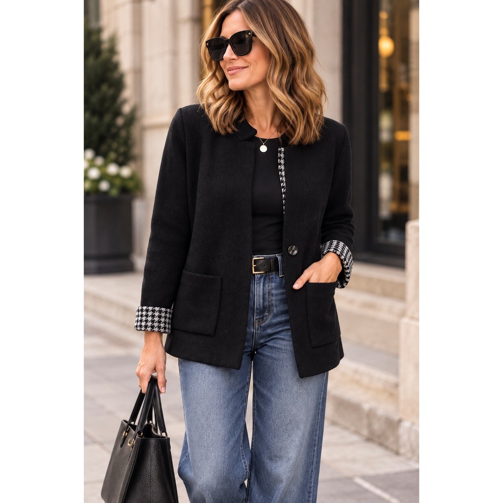 Parisian Luxury Houndstooth Knit Cardigan Jacket Blazer Sweater Black Sz XL